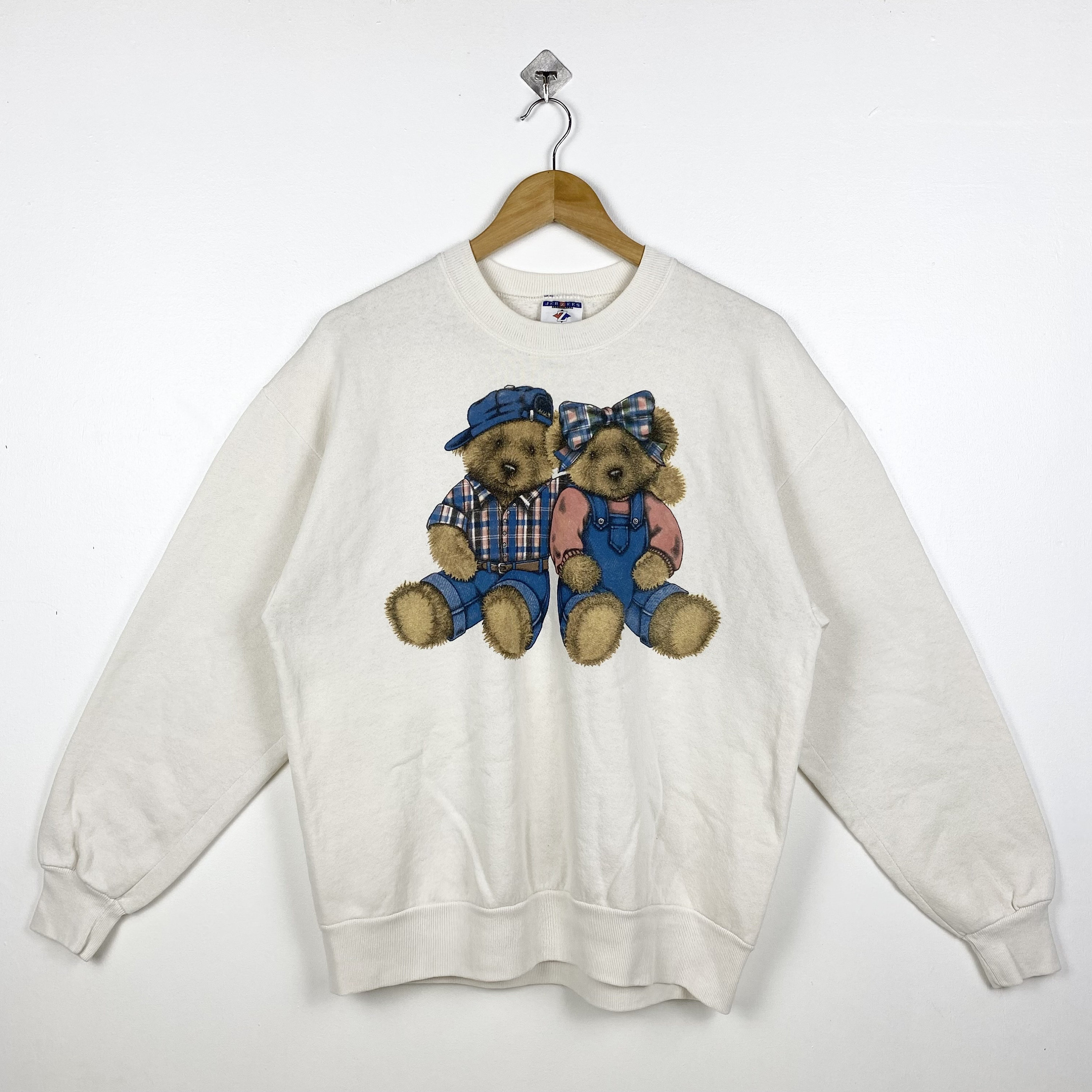 90s Art Teddy Bear Crewneck Sweatshirt Print Logo White Color Men’s L
