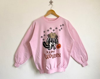 90s Happy Halloween Crewneck Sweatshirt Print Logo Pink Color Men’s M