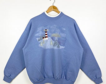 90s Art Lighthouse Crewneck Sweatshirt Embroidery Logo Blue Color Men’s L