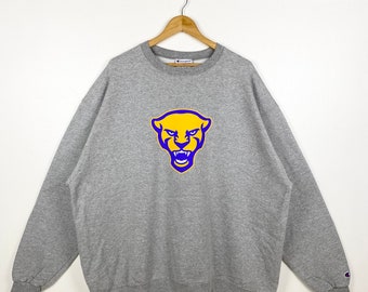 May include: A gray Champion sweatshirt with a yellow and purple panther logo on the front.