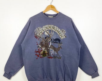 90s Wildlife White-Tailed Deer Crewneck Sweatshirt Print Logo Blue Color Men’s XL