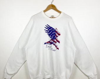 90er Jahre Weißkopfseeadler ‘Land of the Free’ Crewneck Sweatshirt Print Logo Weiss Farbe Herren XL