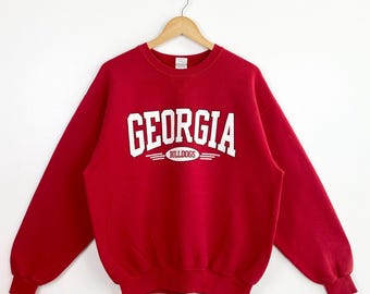 90s NCAA University of Georgia ‘Bulldogs’ Crewneck Sweatshirt Print Logo Red Color Men’s L