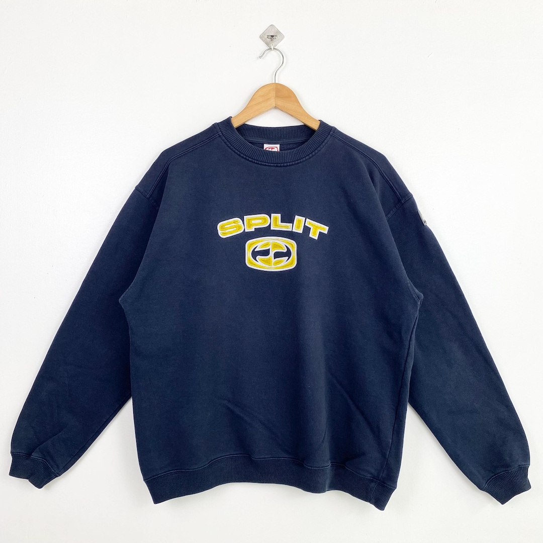 Vintage Split Crewneck Sweatshirt Print Logo Bue Color Men