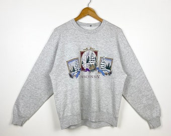90s Wisconsin Crewneck Sweatshirt Print Logo Grey Color Men’s M