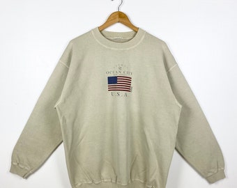 90s Ocean City Maryland Crewneck Sweatshirt Print Logo Brown Color Men’s L