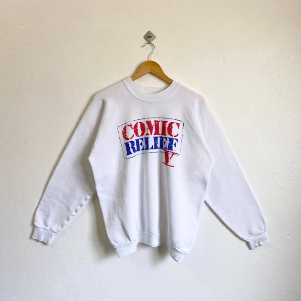 90s Comic Relief V Crewneck Sweatshirt Print Logo White Color Men’s XL