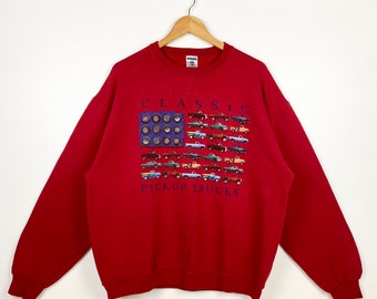 Vintage Classic Pickup Trucks Crewneck Sweatshirt Print Logo Red Color Men’s L