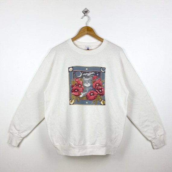 90s Art Cat Crewneck Sweatshirt Print Logo White Color Men’s L