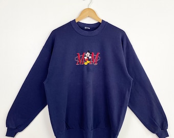 Sudadera de cuello redondo con logo bordado de Mickey Mouse de Disney de los 90, color azul, talla L para hombre.