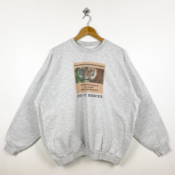 90s Wildlife Tiger Crewneck Sweatshirt Print Logo Grey Color Men’s XL