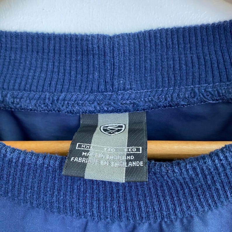 May include: Close-up of a navy blue garment with a ribbed collar. A rectangular tag is sewn into the garment, displaying the brand logo and text that reads "MADE IN THAILAND". The garment is made of a smooth, shiny material.