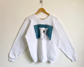 90s National Wildlife Polar Bear Crewneck Sweatshirt Print Logo White Color Men’s XL