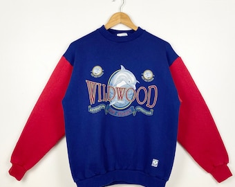 90s Wildwood New Jersey Crewneck Sweatshirt Print Logo Blue, Red Color Men’s M
