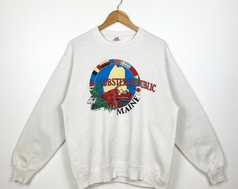90s Lobster Republic Maine Crewneck Sweatshirt Print Logo White Color Men’s XL