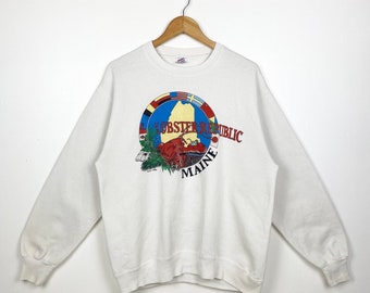 Jaren '90 Lobster Republic Maine Crewneck Sweatshirt Print Logo Witte kleur Heren XL