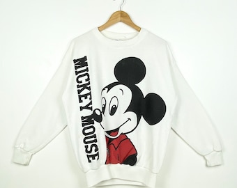 80s Disney Mickey Mouse Crewneck Sweatshirt Mirror Print Logo White Color Men’s L