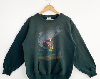 Sudadera de cuello redondo con estampado de logotipo "Fishing" de los años 90, color verde, talla M para hombre.