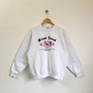 Vintage Miami Beach Florida Crewneck Sweatshirt Print Logo White Color Men’s L