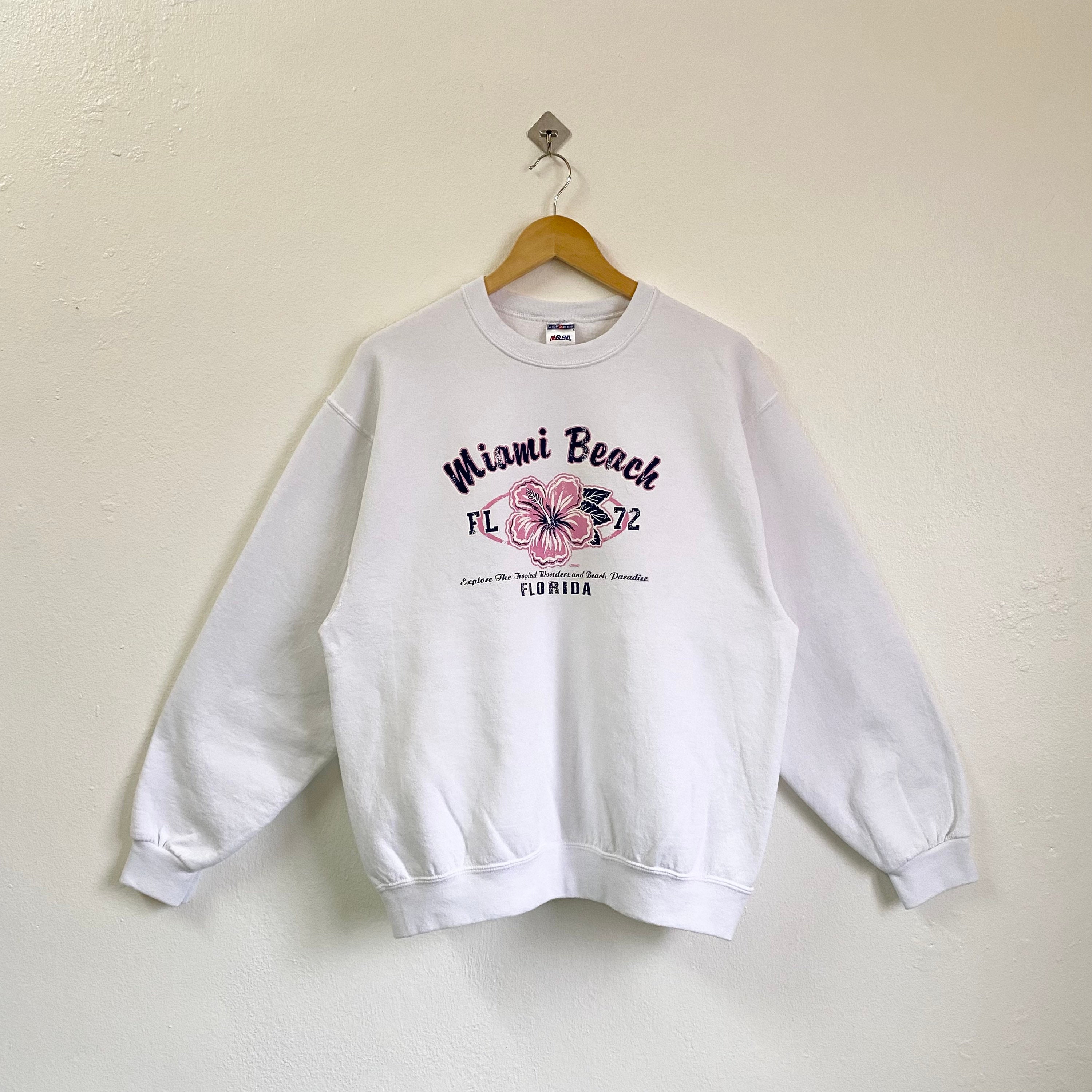 Vintage Miami Beach Florida Crewneck Sweatshirt Print Logo White 