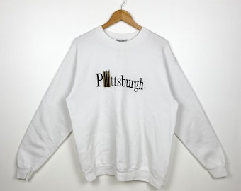 jaren 90 Pittsburgh sweatshirt met ronde hals geborduurd logo witte kleur heren L