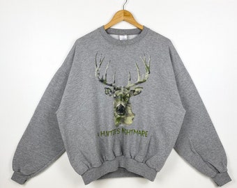 Sudadera vintage de cuello redondo con estampado de ciervo de cola blanca y logotipo en gris para hombre, talla L