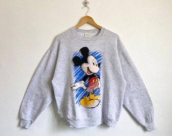 Sudadera de cuello redondo con estampado de Mickey Mouse de Disney de los 90, color gris, para hombre, talla L