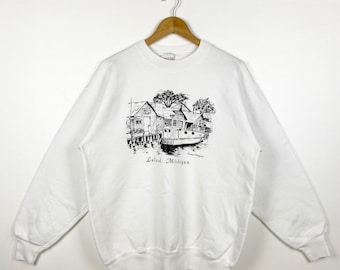 90s Leland Michigan Crewneck Sweatshirt Print Logo White Color Men’s L