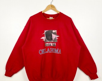 Sudadera vintage de Oklahoma con cuello redondo y logotipo estampado en color rojo para hombre (talla XL)