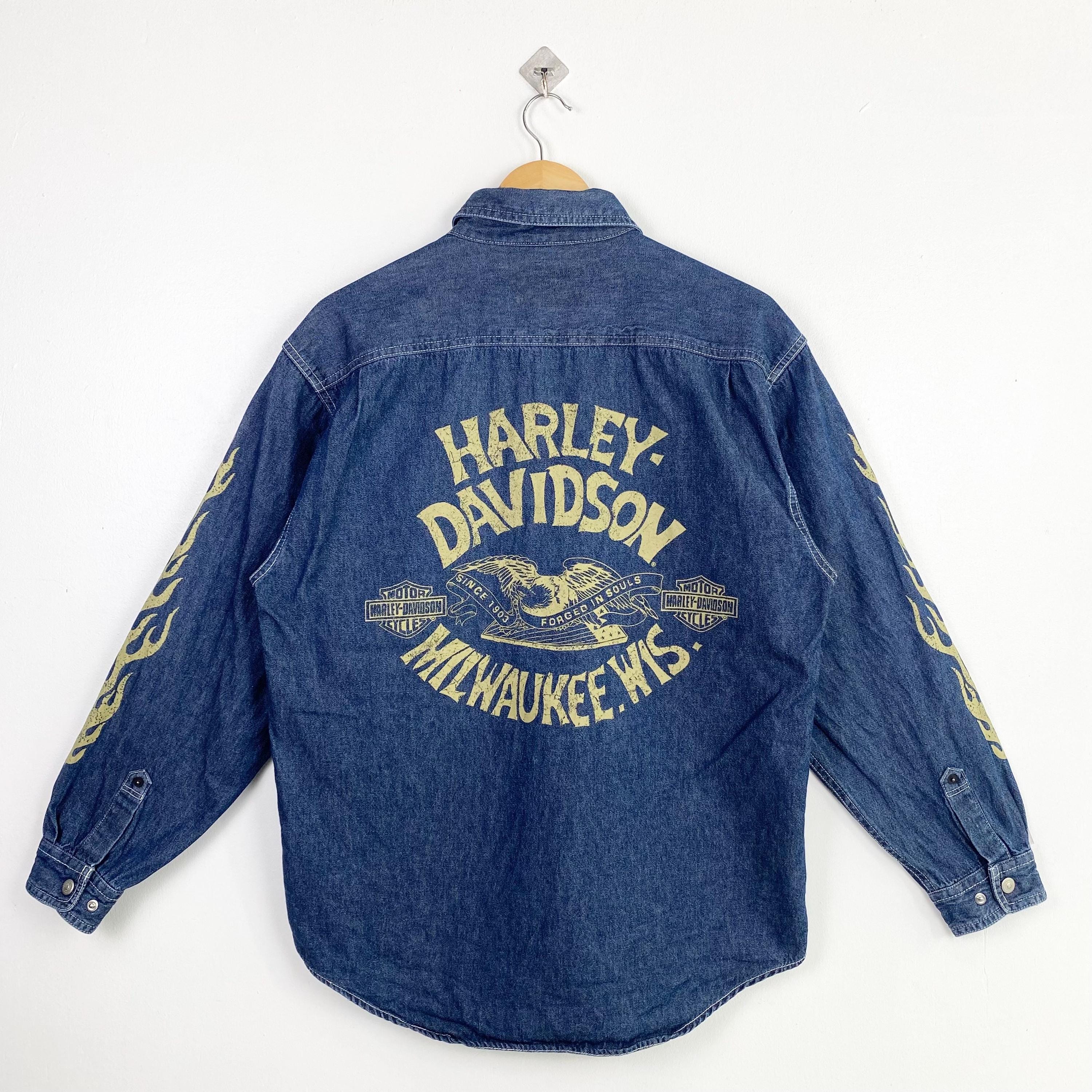 Vintage Harley Davidson Denim Shirt Print Logo Blue Color Men’s L