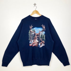 90s Wildlife White-Tailed Deer Crewneck Sweatshirt Print Logo Blue Color Men’s XL