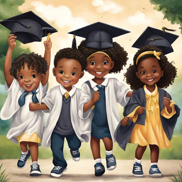 Graduation Kids Clipart, Black African American Young Kids Clipart, Kindergarten Graduation