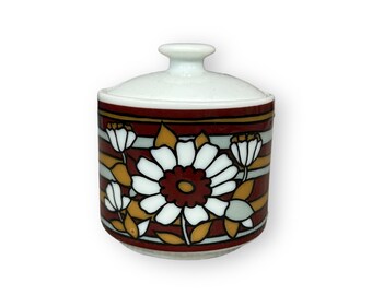 Vintage Covered Sugar Bowl with Flowers and Stripes - White, Gray, Brown, Black and Gold, Made in Japan