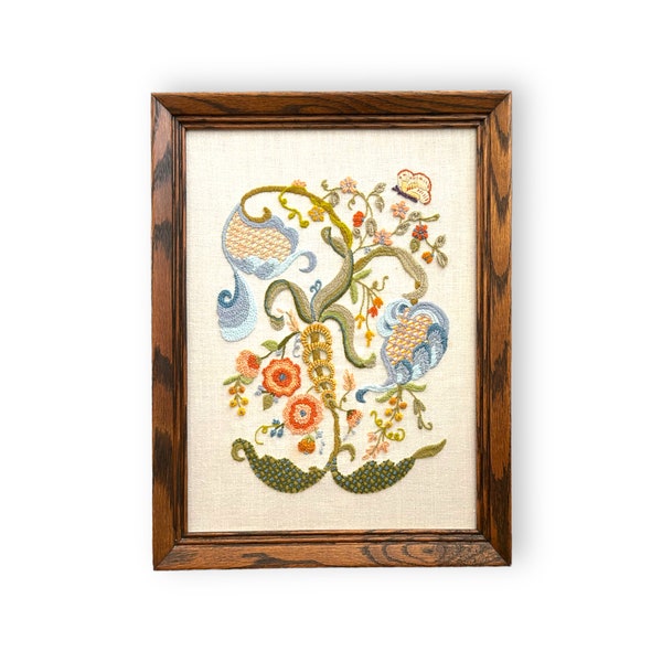 Framed Jacobean Style Floral Botanical Embroidery Art - 18” x 14” Framed, Polish Kashubian Folk Art