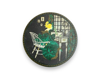 Vintage Round Tindeco Sunlite Tin with Victorian Woman in Green Dress at Writing Desk