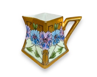 Early 20th Century D & C Co. Limoges Small Pitcher or Creamer with Purple and Blue Flowers and Gold Accents Hand-painted by White’s Art Co.