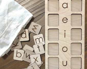 CVC Word Board,  Wooden Alphabet 3 Letter Word Board, Word Builder, Word game, 30 letter tiles included