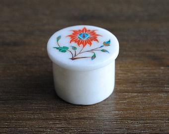 Gemstone Inlaid Marble Trinket Box: Floral Jewelry Box