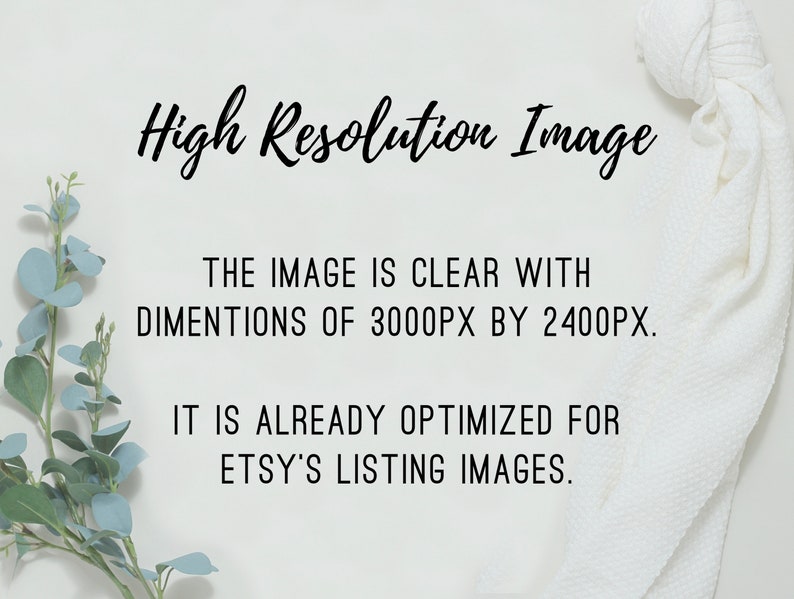 Puede incluir: Texto sobre un fondo blanco que dice "Imagen de alta resoluci&oacute;n" y "La imagen es clara con dimensiones de 3000px por 2400px. Ya est&aacute; optimizada para las im&aacute;genes de las listas de Etsy."