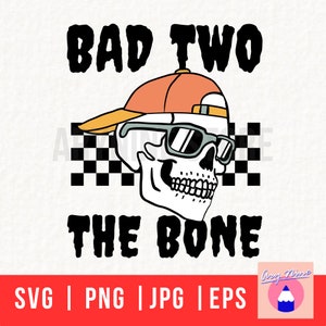 May include: A black and white checkered background with a skull wearing a yellow and orange baseball cap and sunglasses. The text "Bad Two The Bone" is written in black letters.