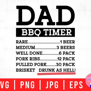 May include: Black and white graphic with the text "DAD BBQ TIMER" and a list of doneness levels for grilling meat, with corresponding beer amounts. The list includes "Rare", "Medium", "Well Done", "Pork Ribs", "Pulled Pork", and "Brisket". The last item on the list is "DRUNK AS HELL!"