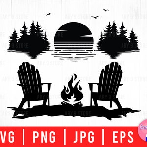 Sunset Lake Adirondack Chairs, Camping Scene (svg, png, eps, jpg)