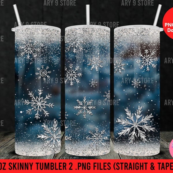 Sliver Glitter Snowflake With Winter Night 20oz Skinny Tumbler Sublimation Design (Straight&Tapered) PNG Files