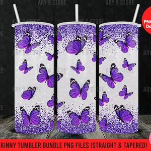 Purple Butterfly With Purple Glitter With White Bokeh 20oz Skinny Tumbler Sublimation Design (Straight&Tapered) PNG Files