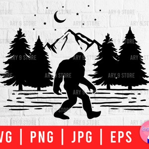 Bigfoot With Forest And Mountain Scene Svg Png Eps Jpg Files | Bigfoot Walking Svg Files For DIY T-shirt, Sticker, Wood Sign, Camp Bucket