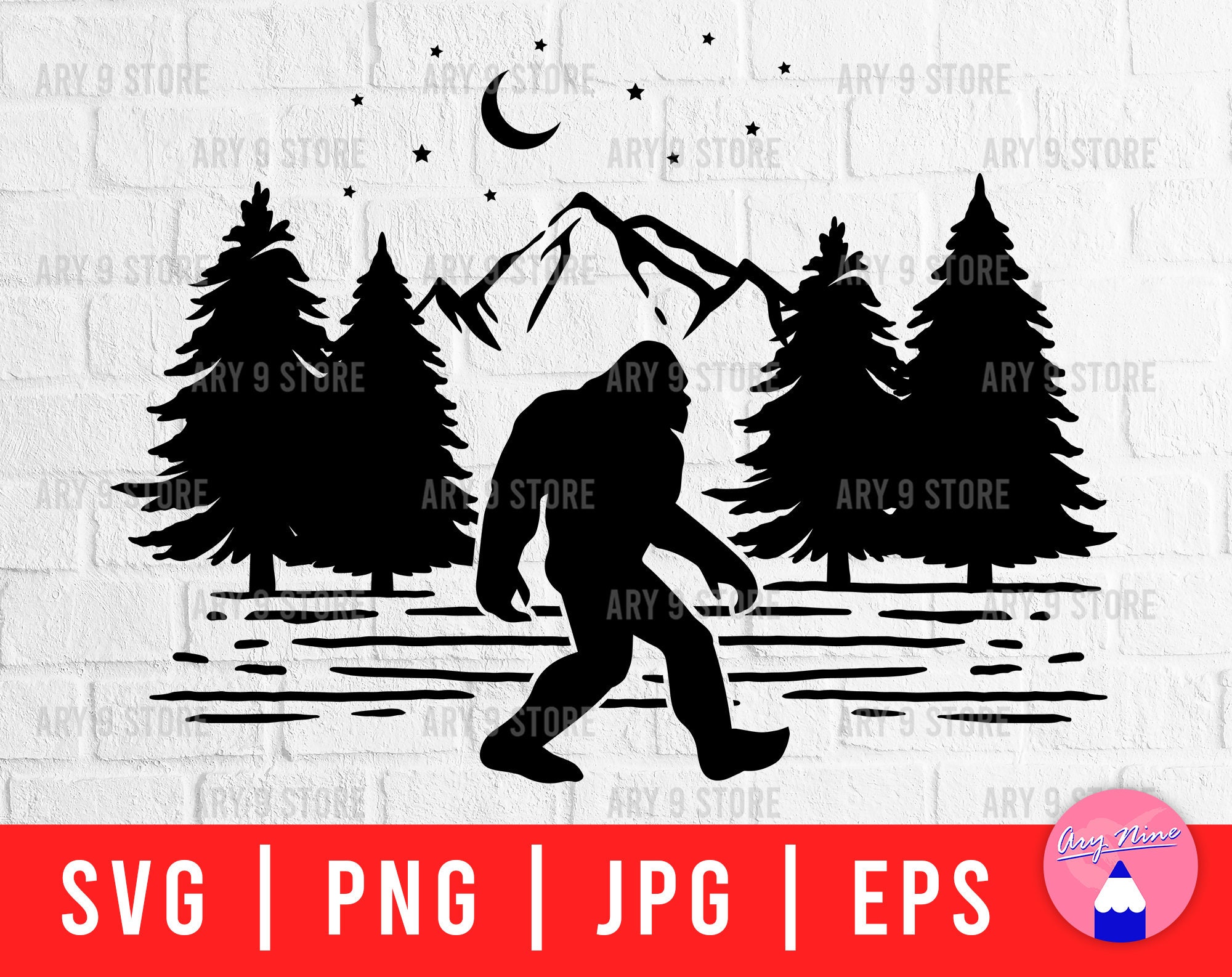 Bigfoot com cena de floresta e montanha Svg Png Eps Jpg Files | Bigfoot Walking Svg Files para camiseta DIY, adesivo, placa de madeira, balde de acampamento