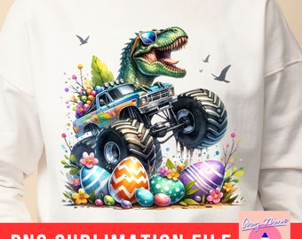 Frohe Ostern, Oster Dinosaurier Mit Monstertruck, Kinder Ostern, Jungen Ostern, Ostereier, die PNG Sublimationsdesign jagen