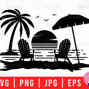 Beach And Sunset Scene, Summer Scene, Summer Life With Palm Tree And Umbrella Svg Png Eps Jpg Files For DIY T-shirt, Sticker, Mug, Gifts