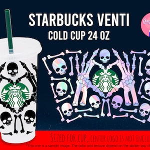 May include: A clear plastic Starbucks Venti cold cup with a 24 oz capacity, decorated with a skull and crossbones design. The cup is sized for a sticker, but the center logo is not included.