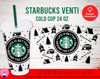 Full Wrap Camping, Life Is Better Around The Campfire, Happy Camper, Outdoor Vacation Wrap For 24 Oz Venti Cold Cup svg png eps Files